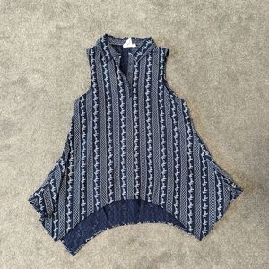 White Crow Cotton Blouse Blue White Stitching Asymmetrical Top Size Small